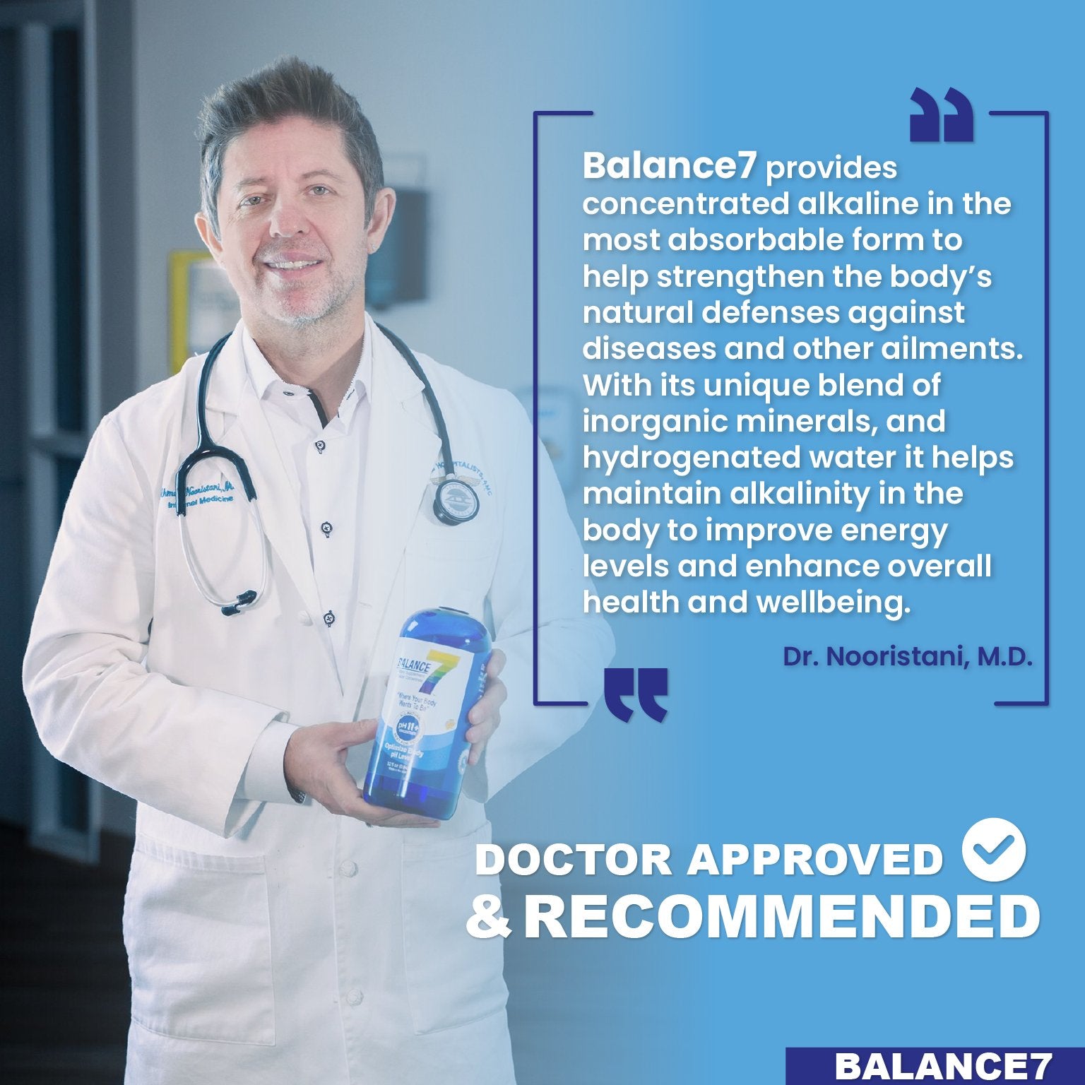 Dr. Ahmad Nooristani holding a Balance7 product, featuring a review