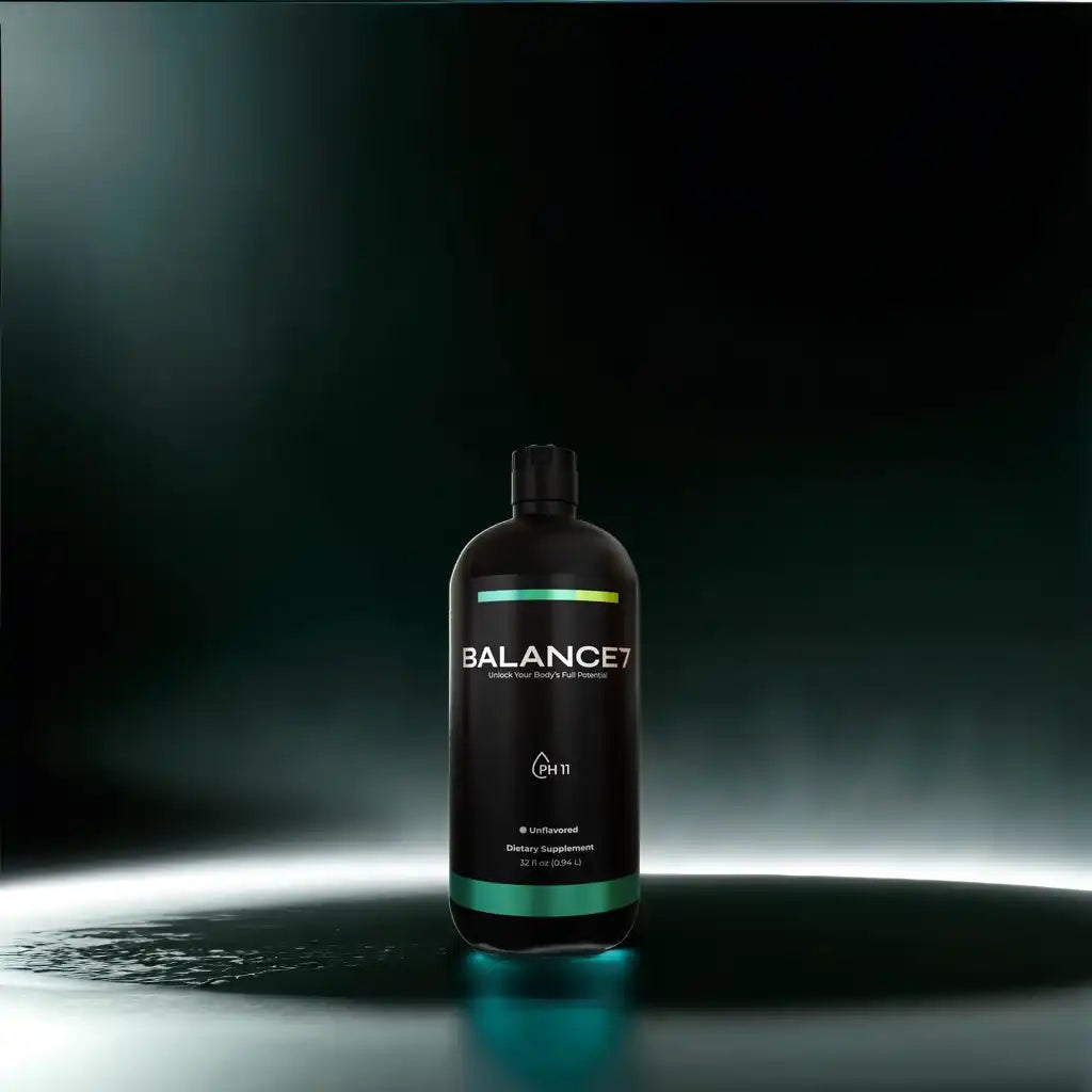 A black bottle of Balance7 dietary supplement with green and yellow accents.