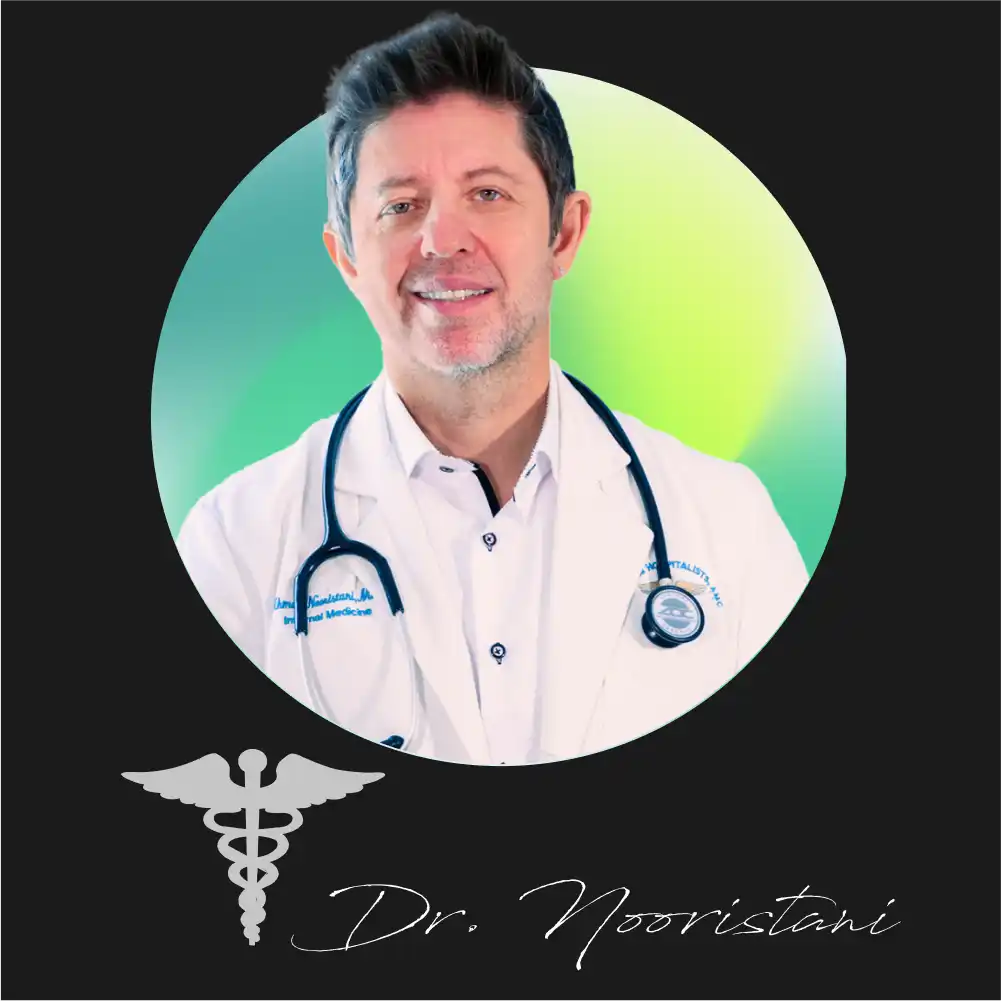 Smiling doctor in lab coat.