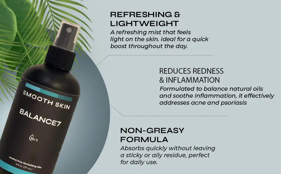 Skincare mist with redness reduction and non-greasy formula.